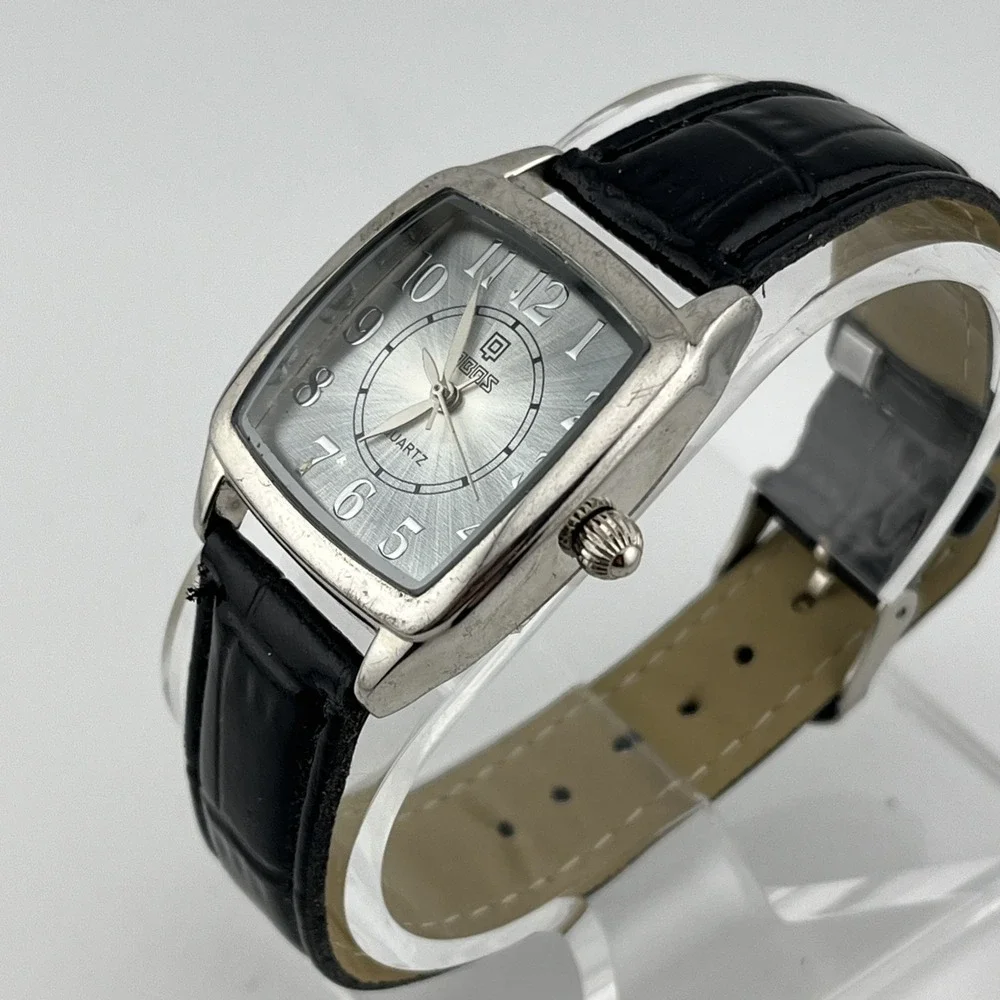 QBOS Watch‎ Women 30mm Silver Case Black Faux Leather Band- New Battery